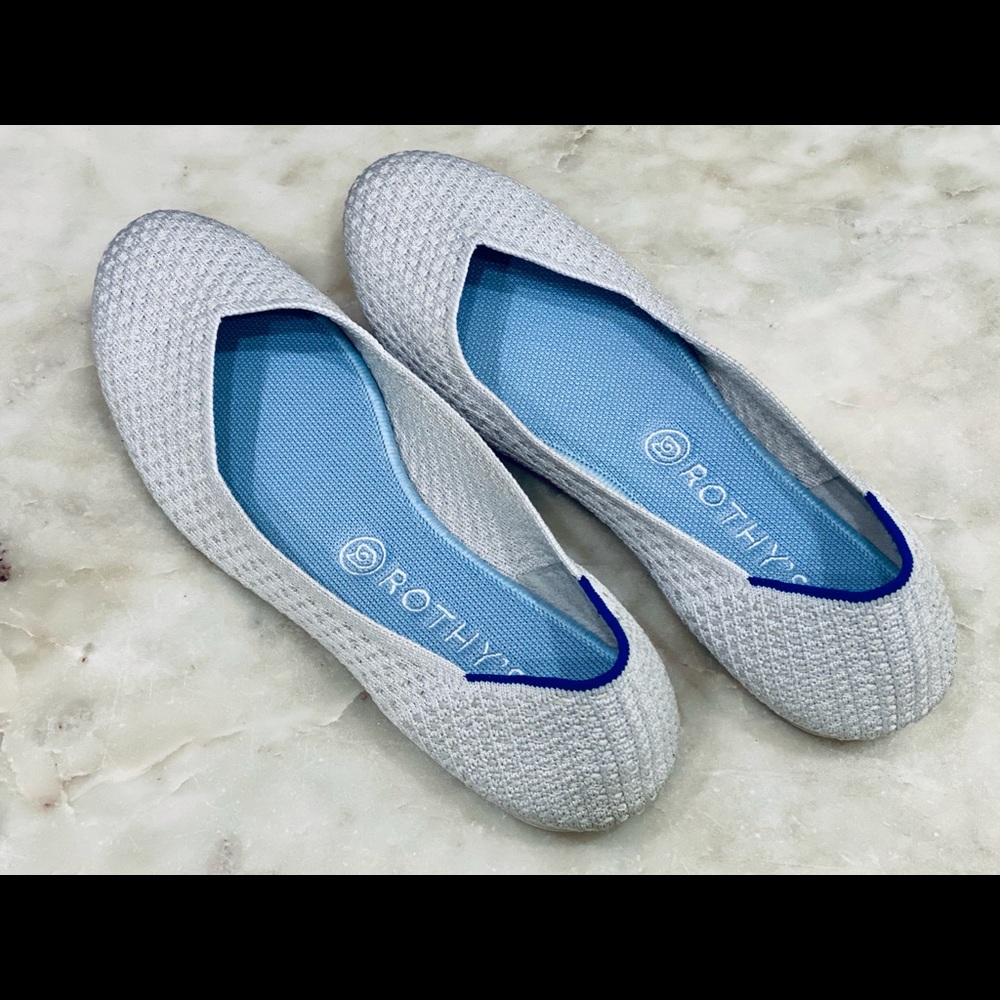 Rothy's White Knit Flats with Light Blue Insole and Royal Blue Trim - Picture 2 of 4
